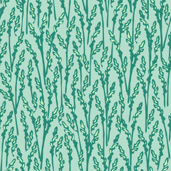 Seamless vector pattern with grass meadow texture on blue background. Simple summer nature wallpaper design. Decorative rye field fashion textile.