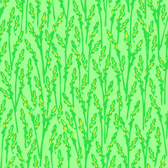 Seamless vector pattern with rye texture on green background. Simple grass meadow wallpaper design. Decorative lush fashion textile.
