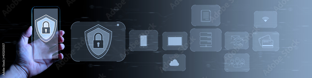 Fototapete internet, Cyber, firewall security concept,Businessman working with smart phone for Data protection, information safety and encryption, secured access to user personal data.