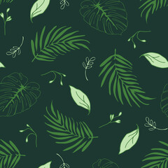 Seamless vector pattern with tropical leaves on dark green background. Simple floral wallpaper design. Decorative palm leaf fashion textile.