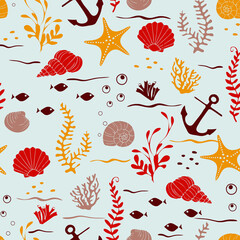Seamless vector pattern with underwater seashells on cream white background. Simple tropical sea wallpaper design. Decorative holiday fashion textile.
