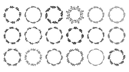 Obraz premium Set of doodle floral, line and leaf circle frames , isolated on white background, Vector Illustration EPS 10