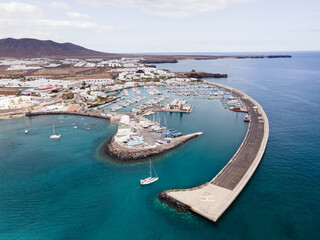 Marina Rubicon aerial drone view. Sailing haven in Playa Blanca, Lanzarote
