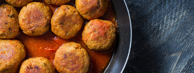 Beef meatballs cooked in sauce ready to be eaten.