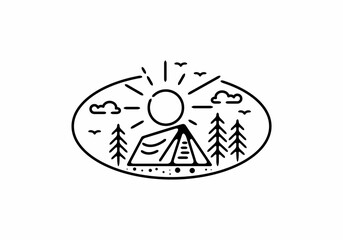 Black line art illustration of camping badge in oval shape