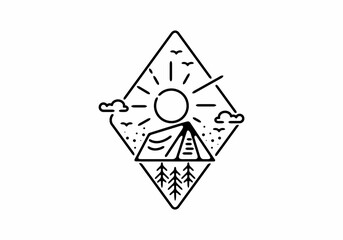 Black line art illustration of camping badge in diamond shape