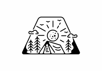 Black line art illustration of camping badge in trapezium shape