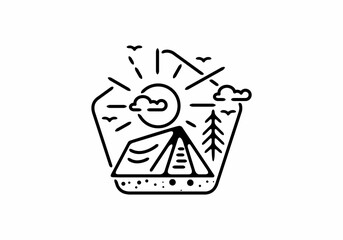 Black line art illustration of camping badge in pentagon shape