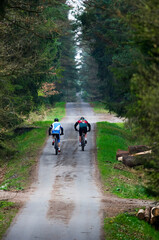 Obraz premium Cycling woman and man riding on bikes at sunset mountains forest landscape. Couple cycling MTB enduro flow trail track. Outdoor sport activity.