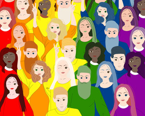 Background for LGBTQIA pride month. Interracial group of people in rainbow clothes. Support for sexual minorities.