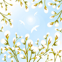 Fototapeta premium Springtime white fluffy buds on willow trees. Birds soar in bright sunlight in the blue heavens. Palm Sunday and Easter illustration. Natural bloom and rebirth. Serene skies. 