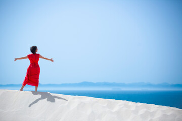 happy woman with a red dress on a white sandy beach © Fernando