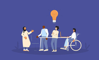 Brainstorming business meeting. Diverse group of professionals working together on a project. Teamwork. Coworkers talking about their startup idea.