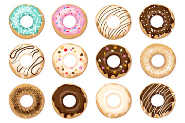 Donuts with icing, sprinkles, black and white chocolate. Set of colorful doughnut . Cartoon style.
