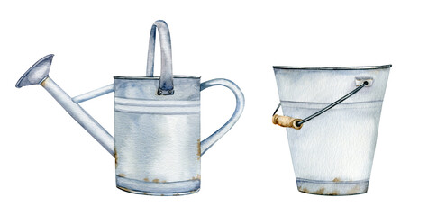 Watercolor illustration of garden supplies. Watercolor can and aluminium bucket isolated on white background. © Svetlana
