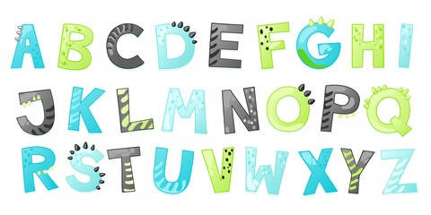 Cartoon cute Dinosaur alphabet. Dino font with letters. Children Vector illustration for t-shirts, cards, posters, birthday party events, paper design, kids and nursery design