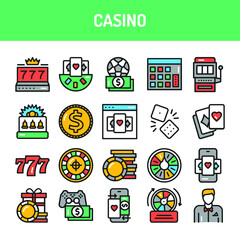 Casino line icons set.  Isolated vector element. Outline pictograms for web page, mobile app, promo.  