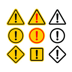 Danger sign. Square, triangular, round format. Exclamation point. Hazard warning attention sign with exclamation mark symbols. Flat yellow, red, black vector. Risk sign. Внимание! Опасность!