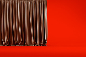 brown curtain with folds isolated on a red background in the studio, template or source, blank or...