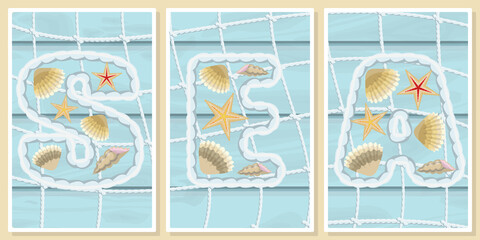 the word "sea" of shells and ropes - - wall art vector set.  For wall art, poster, wallpaper, print. 
