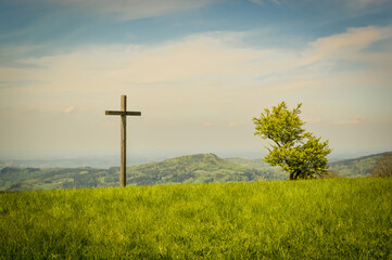 Cross. and a tree on a green grass hill horizon over a valley. Large copy space.