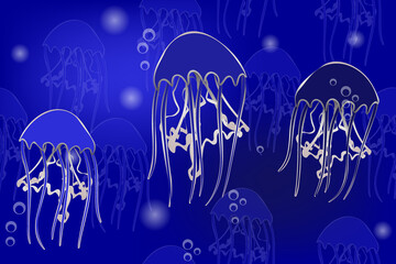 silvery jellyfish on dark blue background, seamless vector pattern