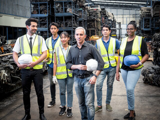 Portraits of dedicated and dedicated auto parts warehouse teams include female engineers and male technicians within working environments.