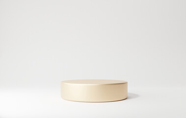 Gold empty podium color 3D background with geometric shapes circle, pedestal on one floors Curved wall the platform for product presentation minimal cosmetic, copy space, rendering