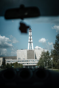 Vertical view of an Ignalina Nuclear Power Plant near Visaginas in Eastern Lithuania shot from a car