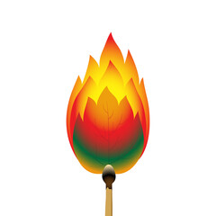 A green leaf of a tree burning from a match. The concept of protecting nature from fire and fires. Color vector illustration isolated on white background.