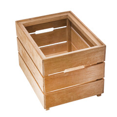 A brown wooden box for storing and transporting goods and products. White isolated background