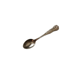 Silver empty coffee spoon isolated object on the white background, kitchen cooking utensils for tea or coffee ceremony, delicate ancient tableware, cutlery, top view