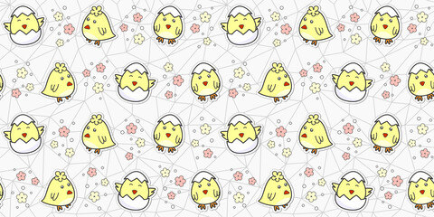 Fototapeta premium Cute chick hatching from an egg and flowers on a gray geometric polygonal background. Vector seamless pattern for cover, wrapping paper, packaging, wrapper, surface texture, website wallpaper or print