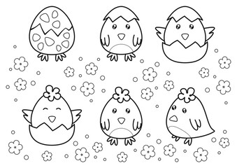 Coloring page with cute chicks hatching from an egg on a field with flowers. Black and white vector design template for kids coloring book, poster and print. Entertainment and recreation for children