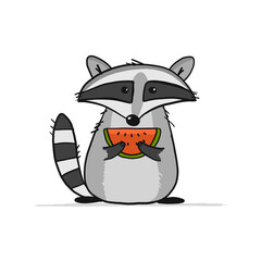 Funny Racoon character with watermelon. Isolated on white.