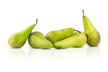 A composition of five pears isolated on a white background.