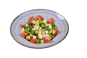 Turkish Aegean Salad. Homemade Aegean salad organic vegetables. top view white background. Turkish cuisine salads