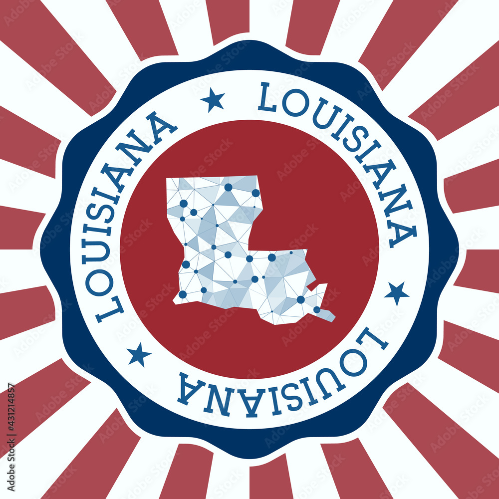 Poster louisiana badge. round logo of the u.s. state with a triangular mesh map and radial rays. eps10 vect