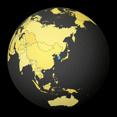 South Korea on dark globe with yellow world map. Country highlighted with blue color. Satellite world projection centered to South Korea. Trendy vector illustration.