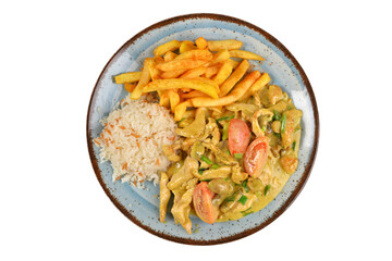 Roasted chicken breast with curry sauce and with rice. top view white background.