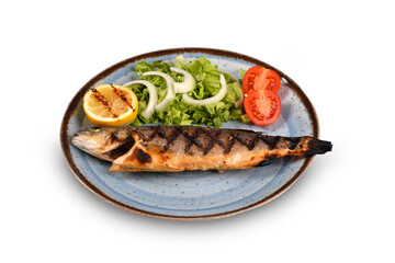 grilled sea bass and vegetables. It is served with various sauces. white background.