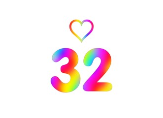 32nd birthday card illustration with multicolored numbers isolated in white background.