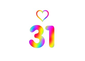 31st birthday card illustration with multicolored numbers isolated in white background.