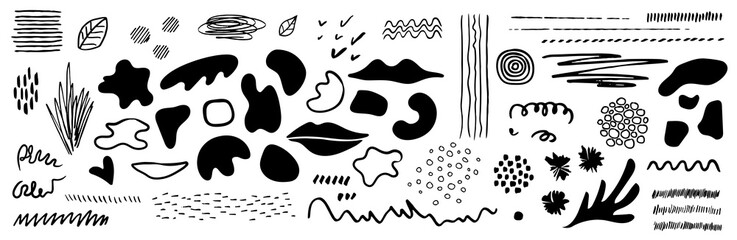 Set of drawn abstract shapes, textures, lines. Doodle style. Collection trendy vector elements for background, posters, template, cards, banners for business, holiday. Natural, modern graphic.