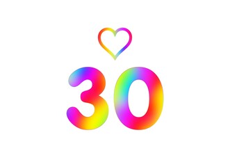 30th birthday card illustration with multicolored numbers isolated in white background.