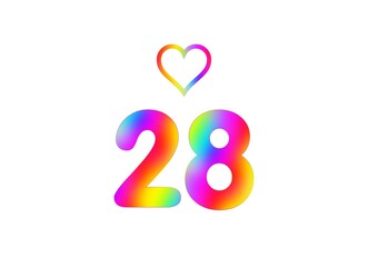 28th birthday card illustration with multicolored numbers isolated in white background.