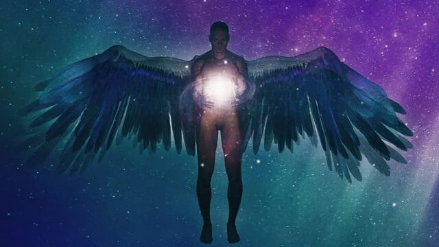 Winged angel being holding divine galaxy
