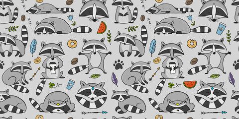 Racoons Family. Funny Characters. Seamless pattern for your design © Kudryashka