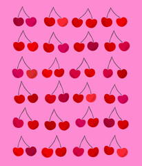 Hand painted design with cherries in red and black on pink background. - 431217050