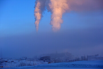 Pipe and smoke, mines of Vorkuta in winter - 431217250